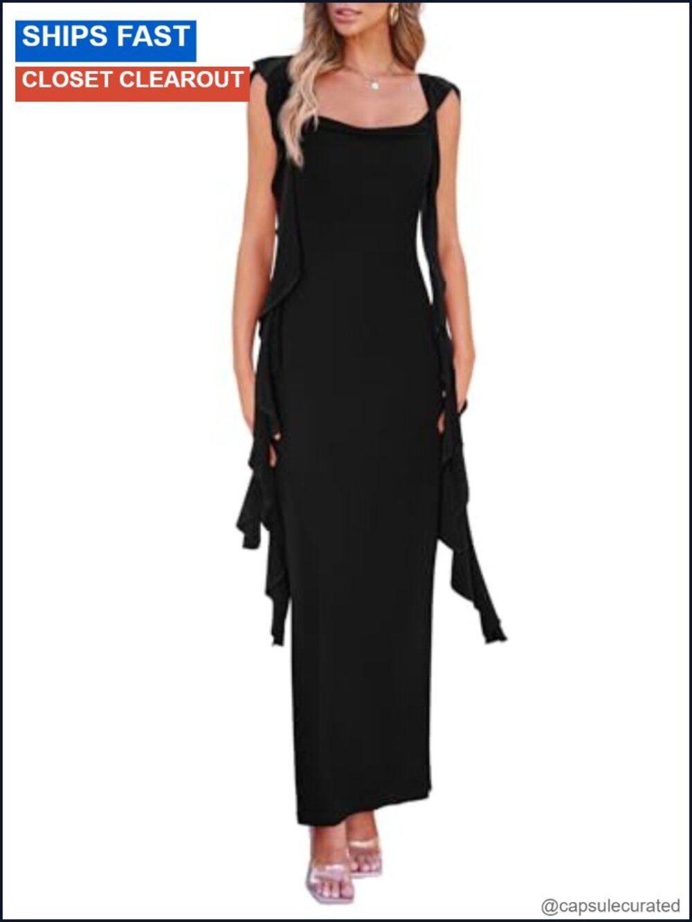 Women's Summer Ruffle Bodycon Maxi Dress Cap Sleeve Ruched Formal